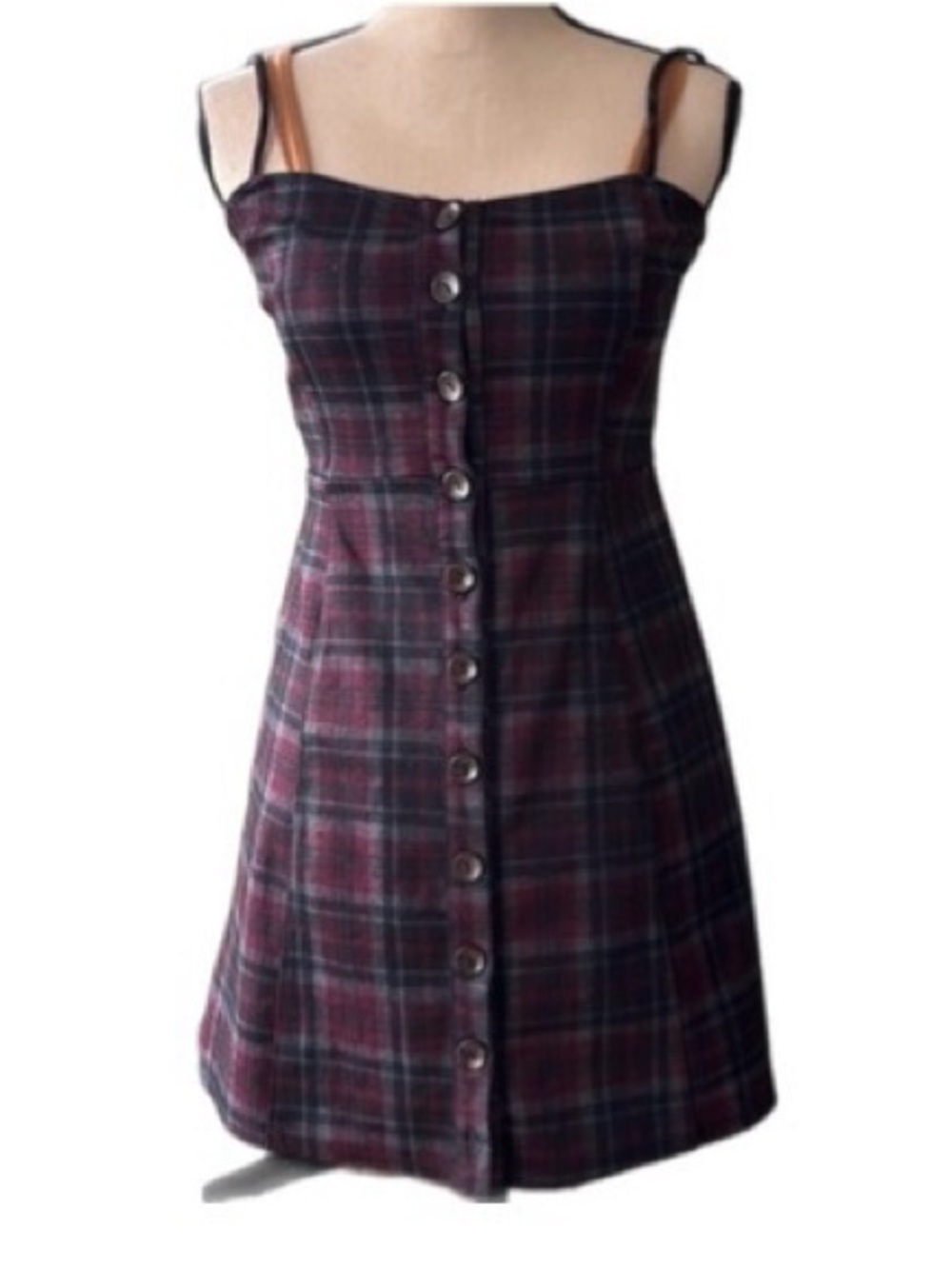 Chloe & Katie stretch red wine plaid strap button down casual mini dress, Sz M